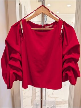 Alice + Olivia Bold Red Puff-Sleeve Blouse